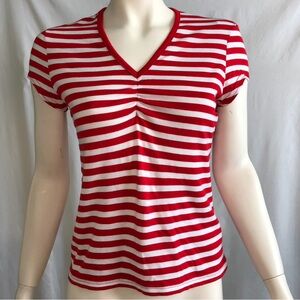 Vintage Women’s Premiere Collection Red and White Striped V Neck Top Size Medium